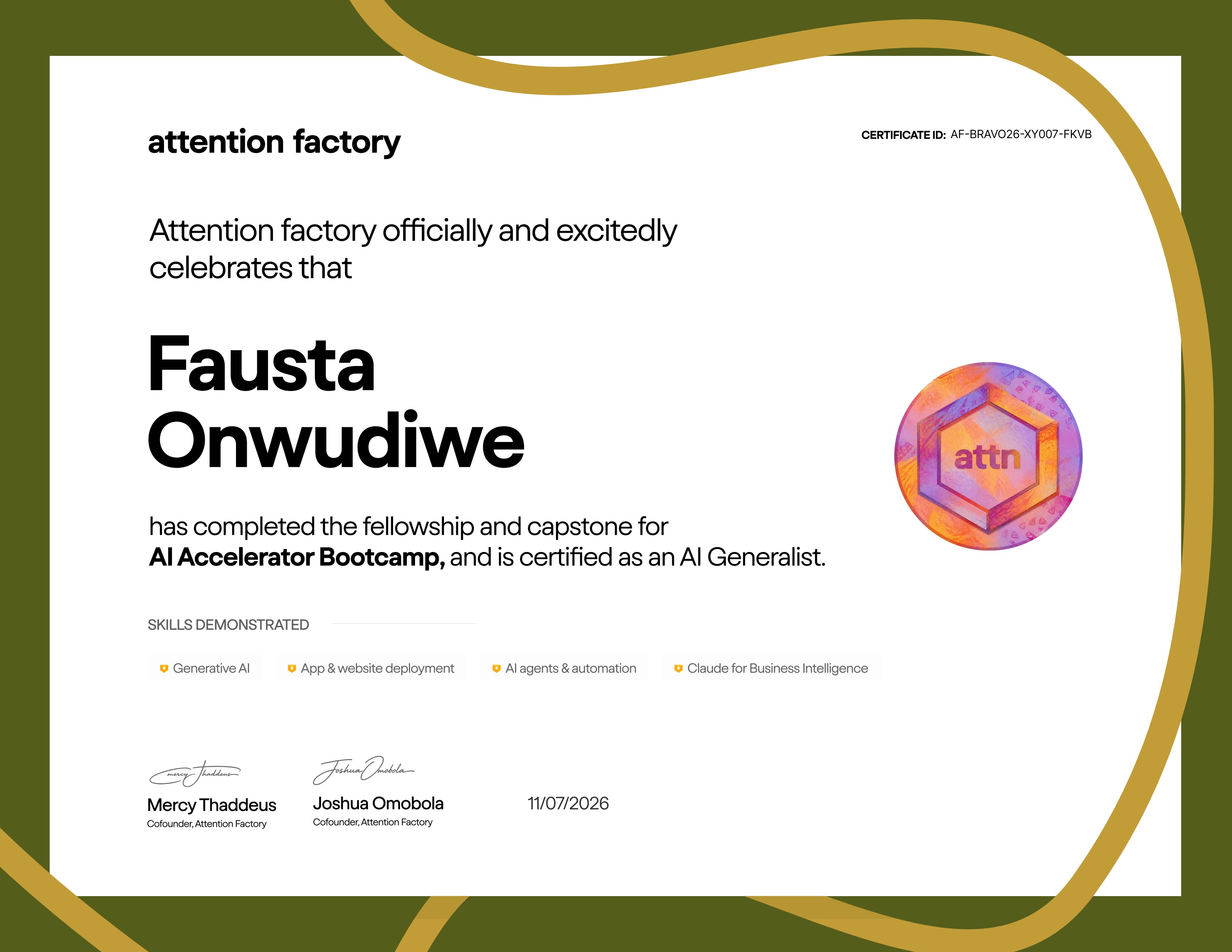 Fausta Onwudiwe AI Accelerator Bootcamp certificate from Attention Factory